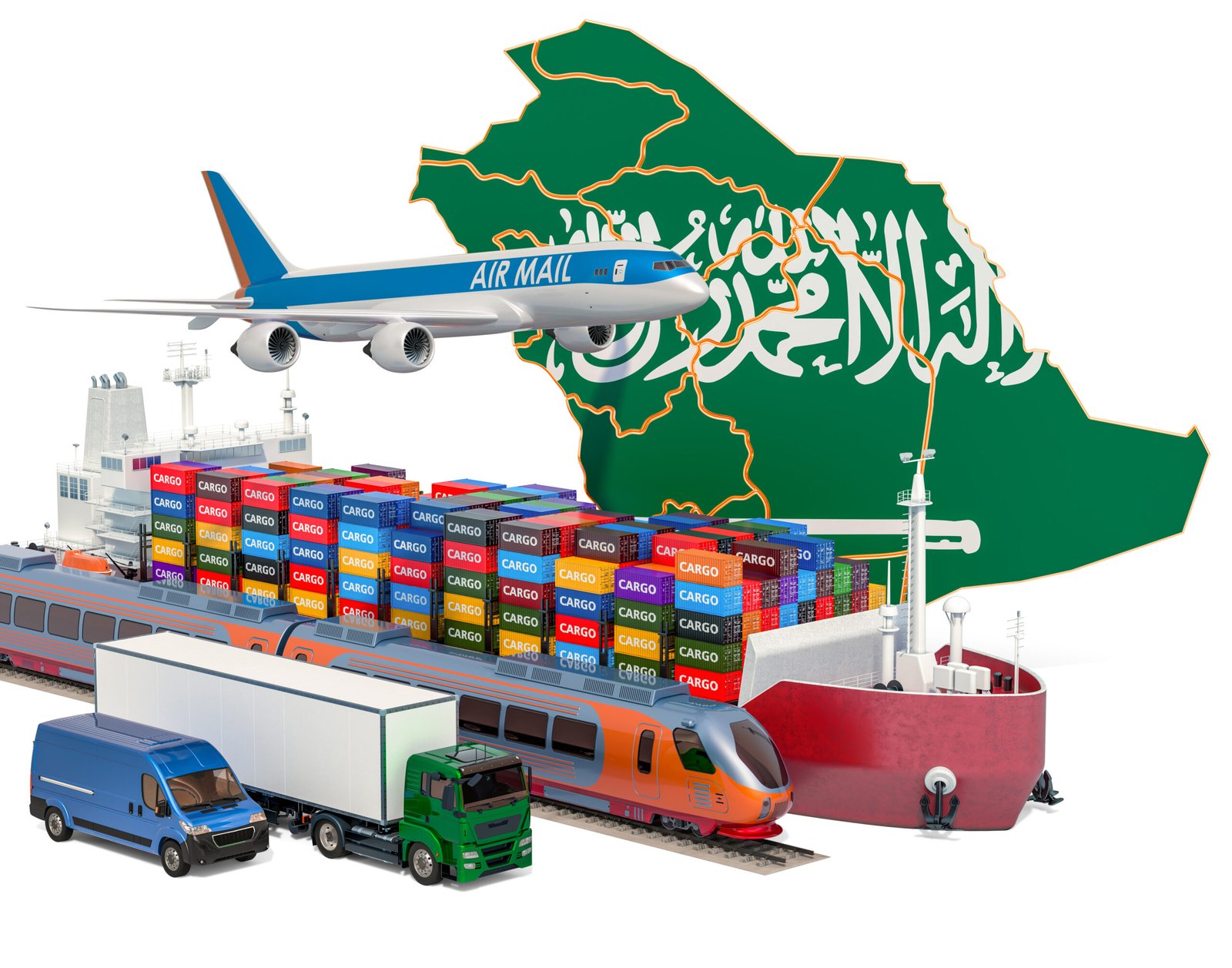 Cargo shipping freight transportation saudi arabia by ship airplane train truck van 3d rendering scaled