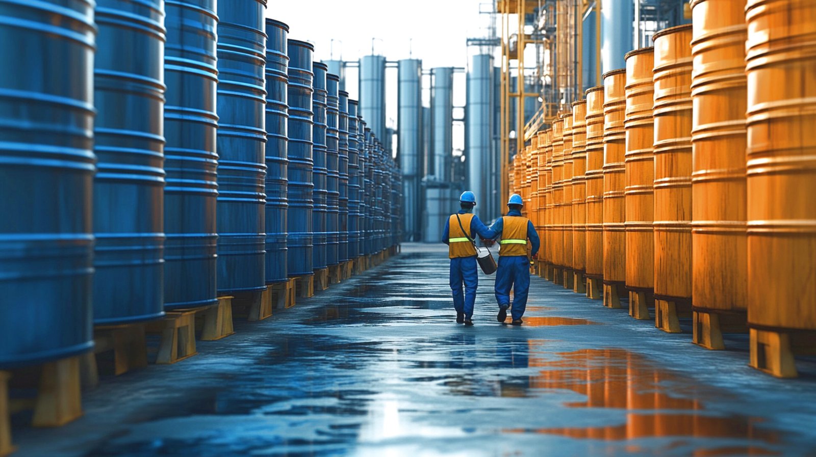 Industrial worker is checking rows large oil drums scaled