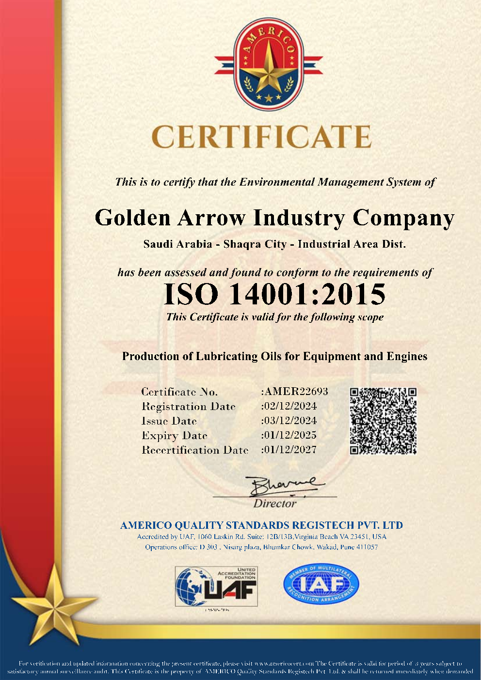 UAF Americo ISO 14001 Golden Arrow Industry Company 1