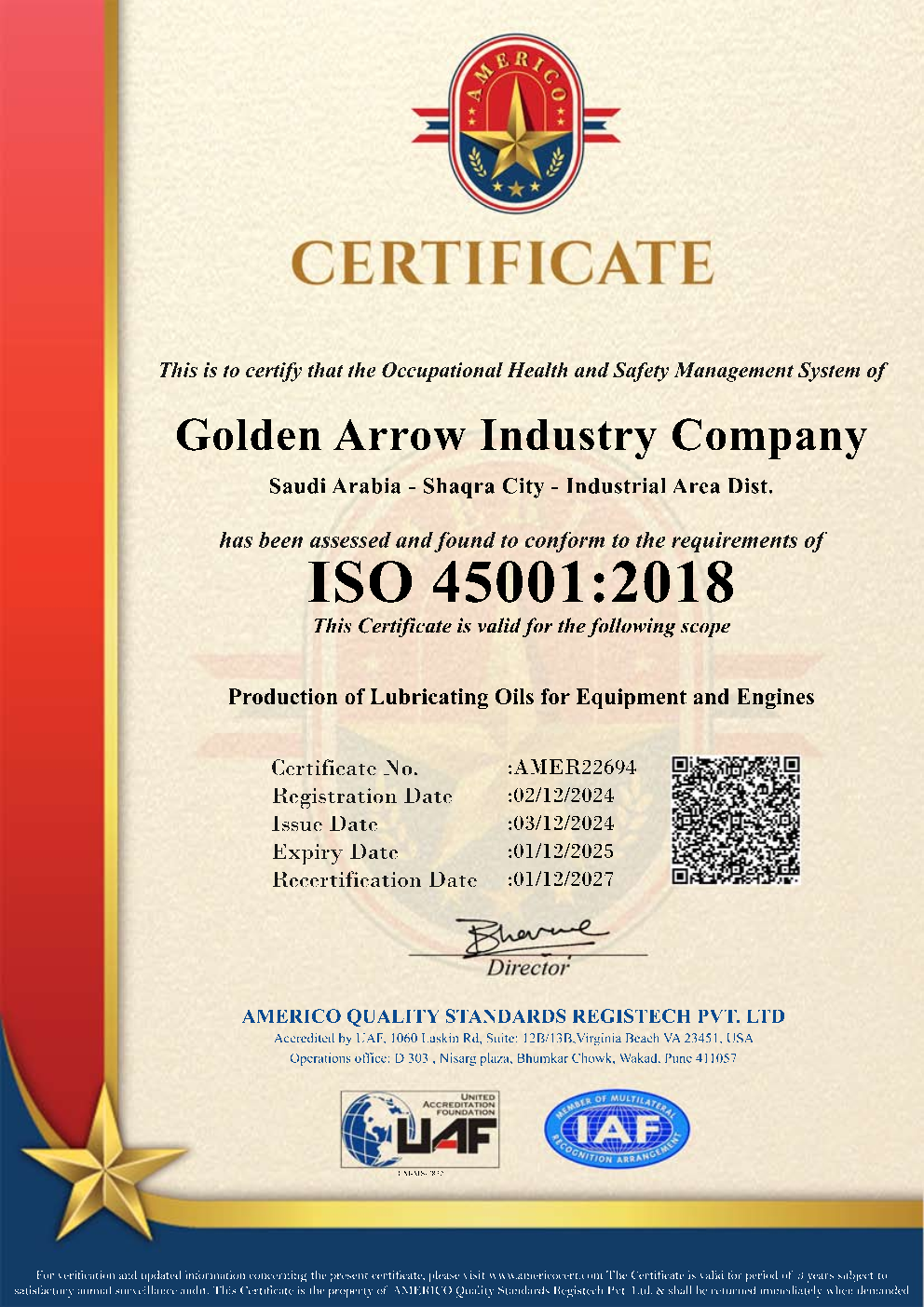 UAF Americo ISO 45001 Golden Arrow Industry Company 1