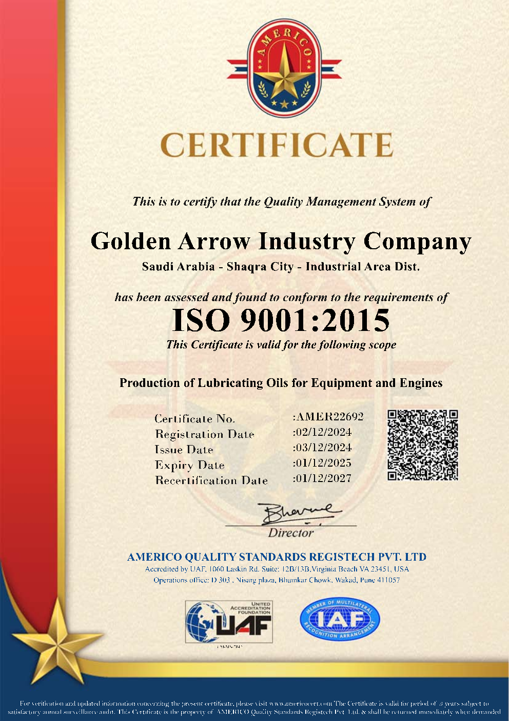 UAF Americo ISO 9001 Golden Arrow Industry Company 1